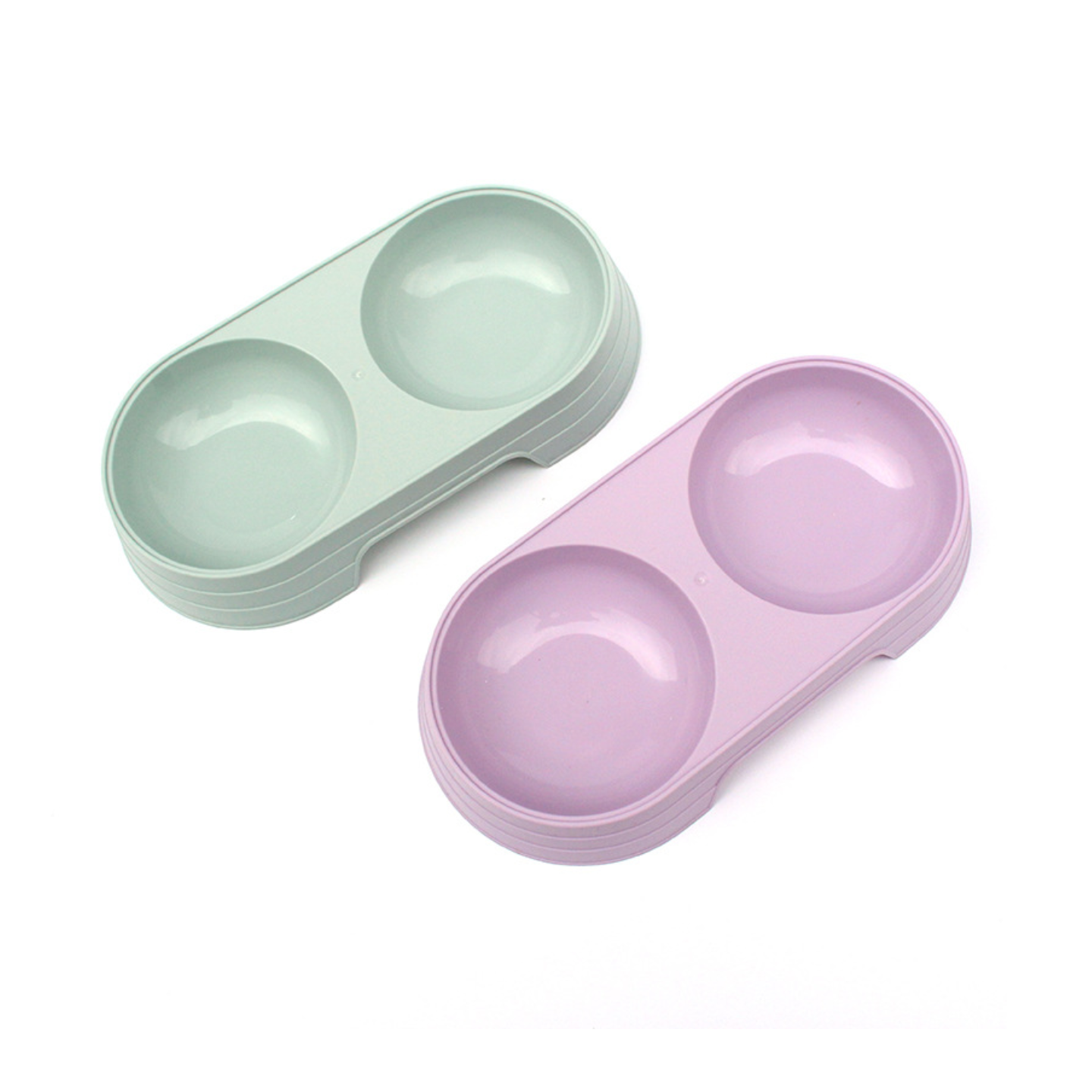 dual-compartment plastic pet feeder bowl designed for food and water.