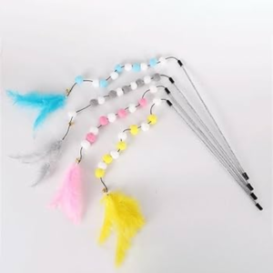 Interactive cat toy stick featuring a feathered teaser and bells.