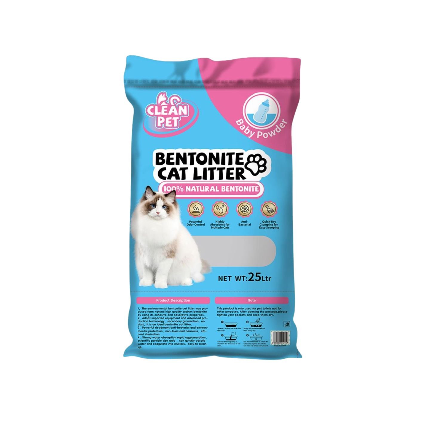 Clean Pet Bentonite Cat Litter Baby Powder 25L